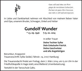 Traueranzeige von Gundolf Wunder von Ostfriesischer Kurier