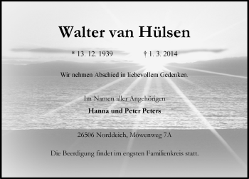 Traueranzeige von Walter van Hülsen von Ostfriesischer Kurier