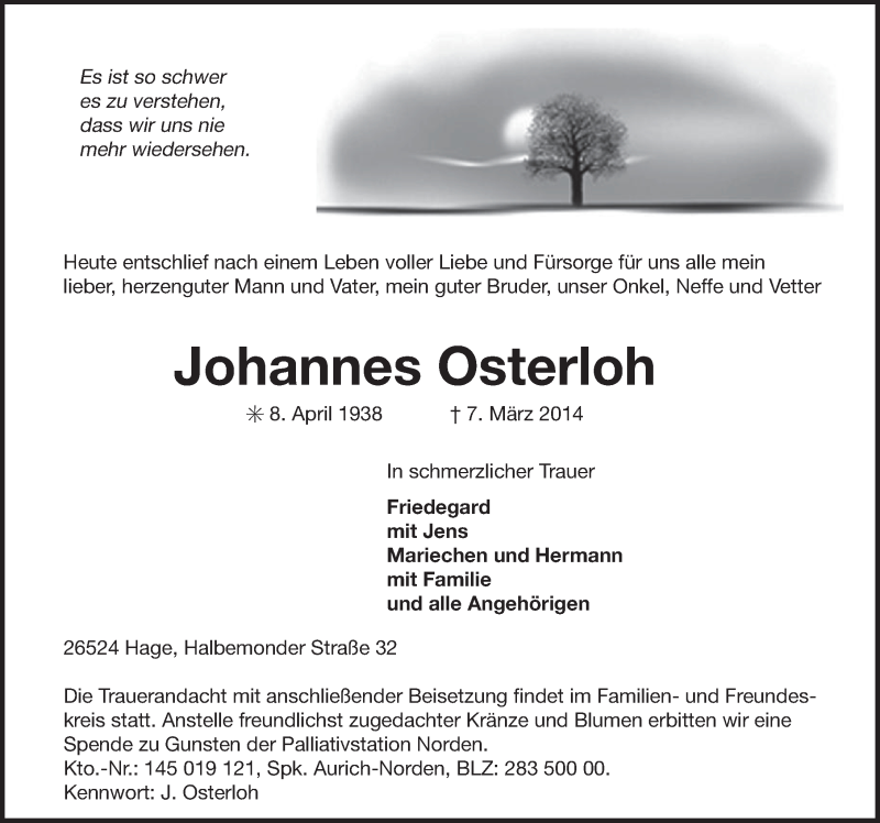  Traueranzeige für Johannes Osterloh vom 10.03.2014 aus Ostfriesischer Kurier