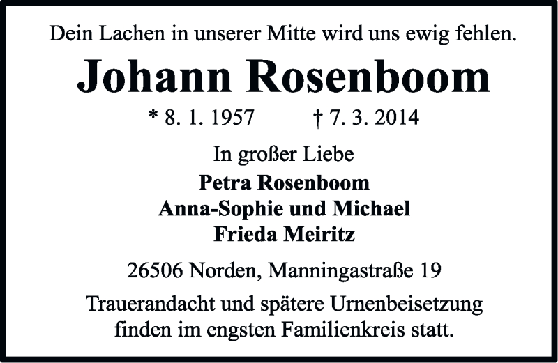  Traueranzeige für Johann Rosenboom vom 10.03.2014 aus Ostfriesischer Kurier