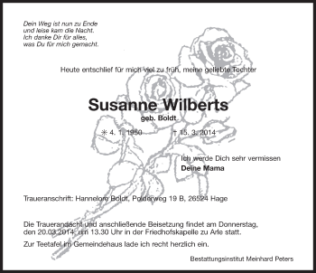 Traueranzeige von Susanne Wilberts von Ostfriesischer Kurier