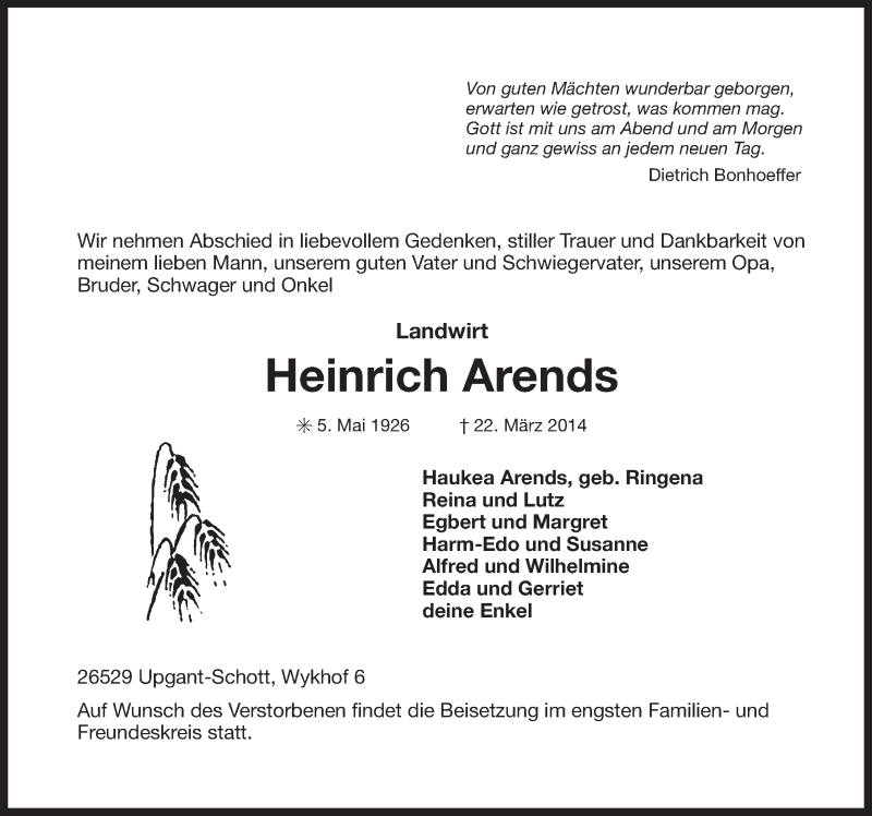  Traueranzeige für Heinrich Arends vom 24.03.2014 aus Ostfriesischer Kurier
