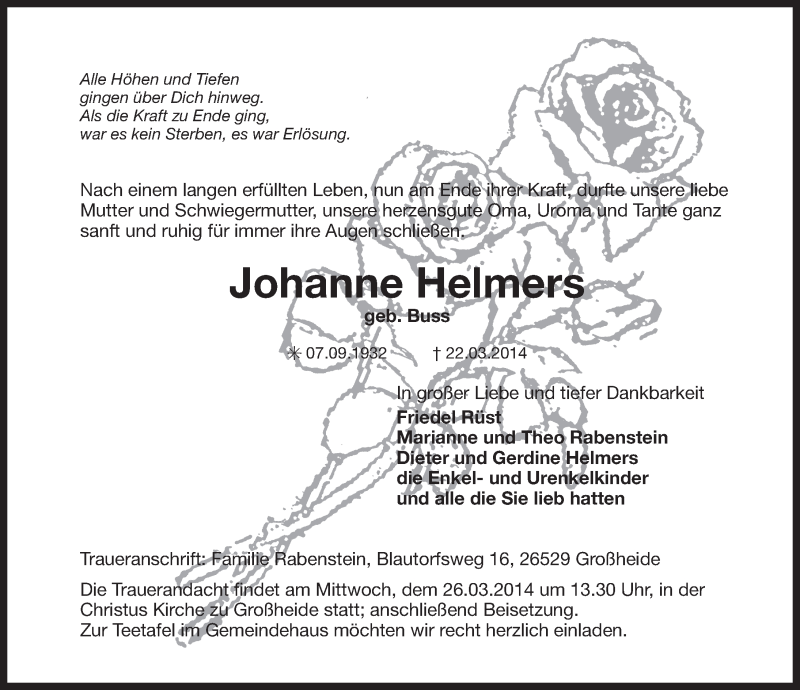  Traueranzeige für Johanne Helmers vom 24.03.2014 aus Ostfriesischer Kurier