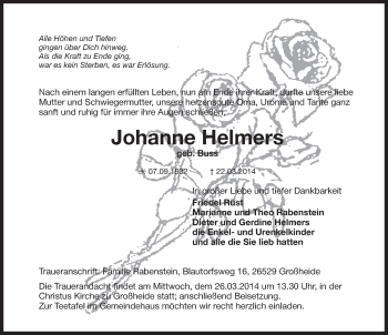 Traueranzeige von Johanne Helmers von Ostfriesischer Kurier