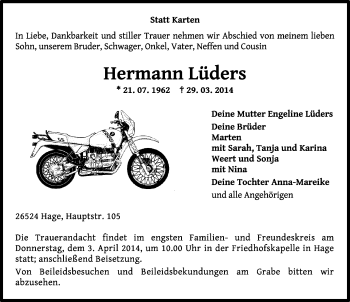 Traueranzeige von Hermann Lüders von Ostfriesischer Kurier