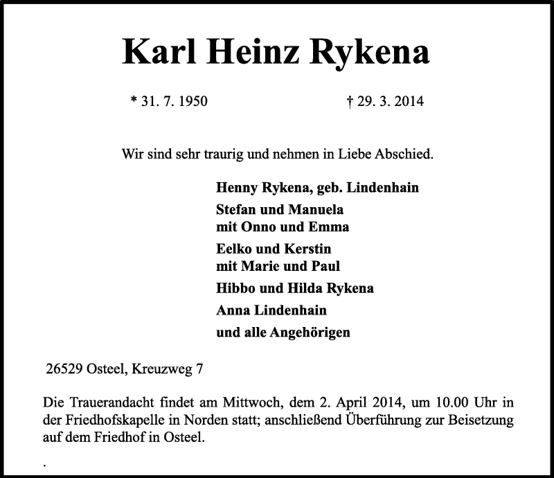  Traueranzeige für Karl Heinz Rykena vom 31.03.2014 aus Ostfriesischer Kurier