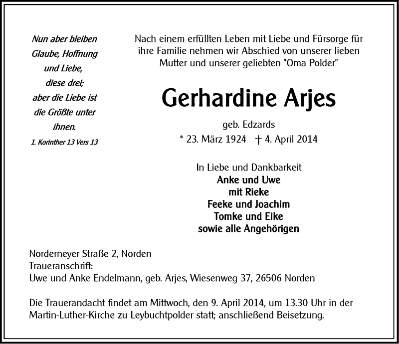  Traueranzeige für Gerhardine Arjes vom 07.04.2014 aus Ostfriesischer Kurier