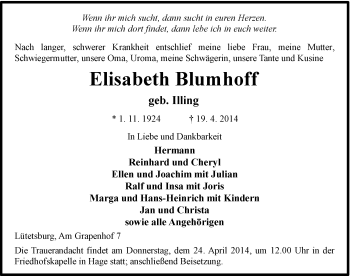 Traueranzeige von Elisabeth Blumhoff von Ostfriesischer Kurier