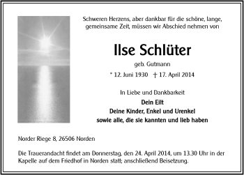 Traueranzeige von Ilse Schlüter von Ostfriesischer Kurier