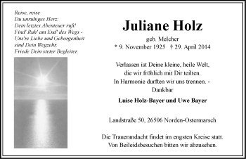 Traueranzeige von Juliane Holz von Ostfriesischer Kurier