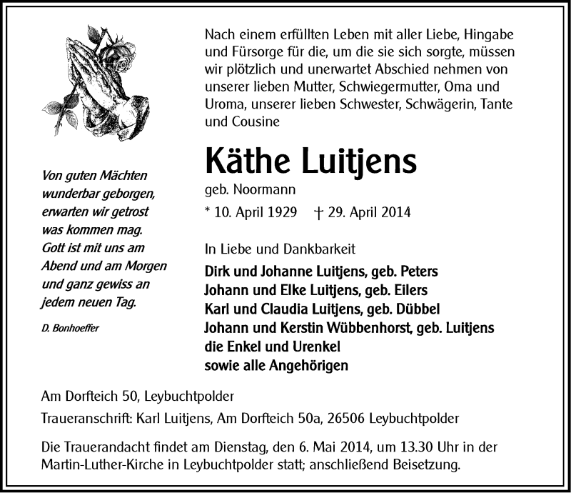  Traueranzeige für Käthe Luitjens vom 02.05.2014 aus Ostfriesischer Kurier