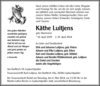 Traueranzeige von Käthe Luitjens von Ostfriesischer Kurier