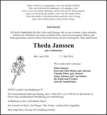 Traueranzeige von Theda Janssen von Ostfriesischer Kurier