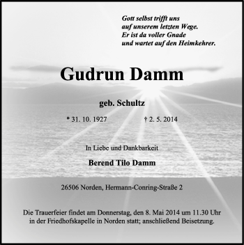 Traueranzeige von Gudrun Damm von Ostfriesischer Kurier