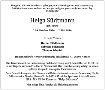 Traueranzeige von Helga Südtmann von Ostfriesischer Kurier