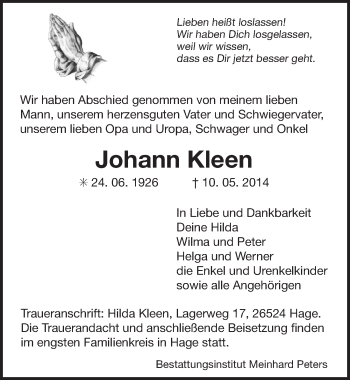 Traueranzeige von Johann Kleen von Ostfriesischer Kurier