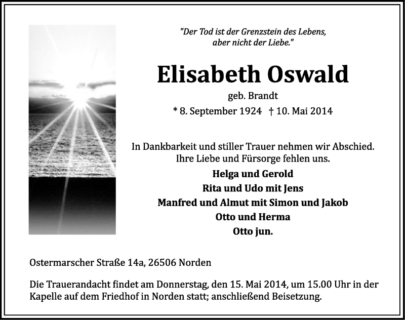  Traueranzeige für Elisabeth Oswald vom 12.05.2014 aus Ostfriesischer Kurier