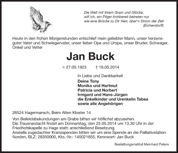 Traueranzeige von Jan Buck von Ostfriesischer Kurier