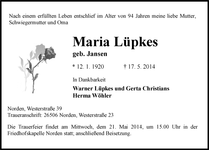  Traueranzeige für Maria Lüpkes vom 19.05.2014 aus Ostfriesischer Kurier