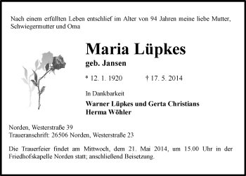 Traueranzeige von Maria Lüpkes von Ostfriesischer Kurier