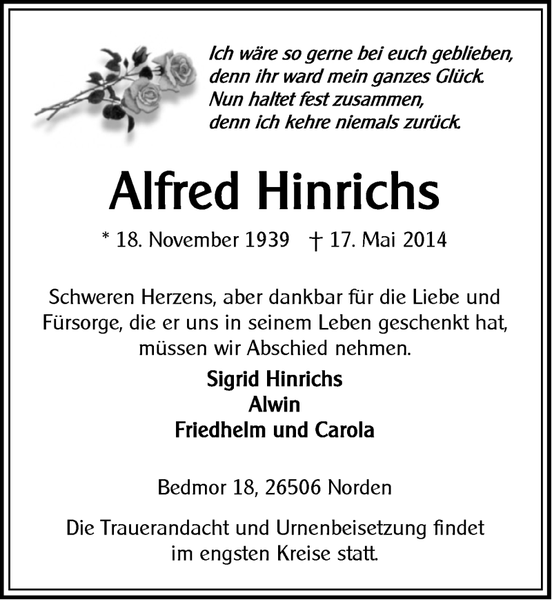  Traueranzeige für Alfred Hinrichs vom 19.05.2014 aus Ostfriesischer Kurier