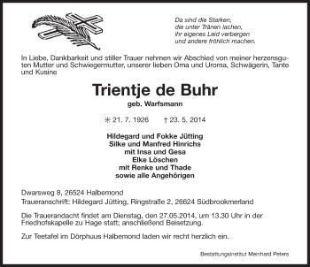 Traueranzeige von Trientje de Buhr von Ostfriesischer Kurier