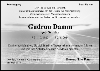 Traueranzeige von Gudrun Damm von Ostfriesischer Kurier