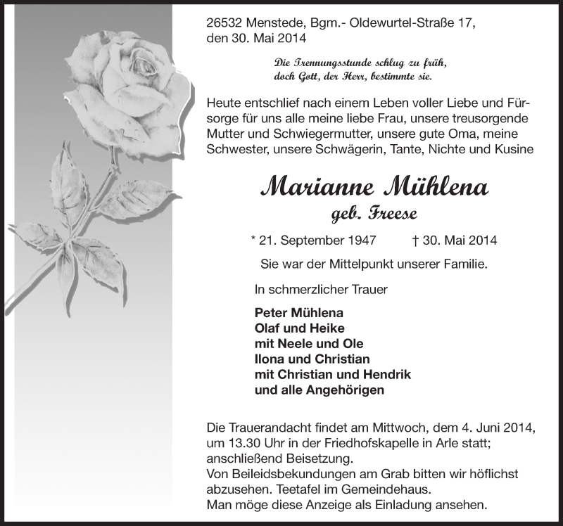  Traueranzeige für Marianne Mühlena vom 02.06.2014 aus Ostfriesischer Kurier