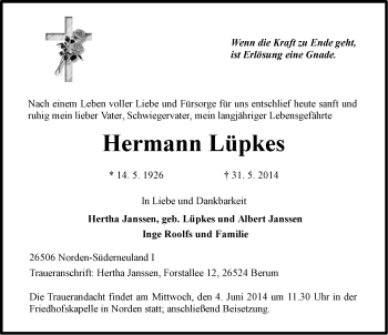 Traueranzeige von Hermann Lüpkes von Ostfriesischer Kurier