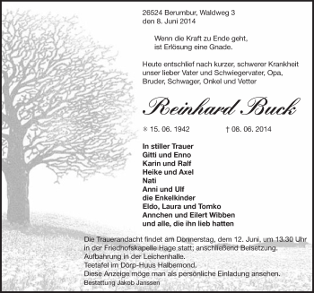 Traueranzeige von Reinhard Buck von Osfriesischer Kurier