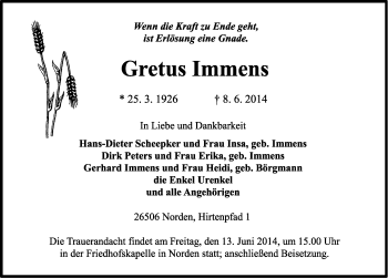 Traueranzeige von Gretus Immens von Osfriesischer Kurier