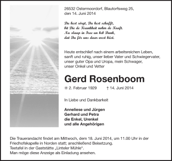 Traueranzeige von Gerd Rosenboom von Ostfriesischer Kurier