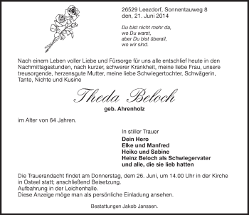 Traueranzeige von Theda Beloch von Ostfriesischer Kurier