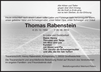 Traueranzeige von Thomas Rabenstein von Osfriesischer Kurier