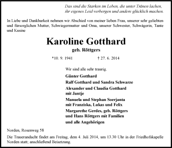 Traueranzeige von Karoline Gotthard von Osfriesischer Kurier
