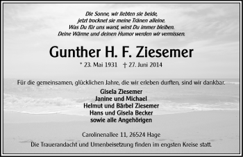 Traueranzeige von Gunther Ziesemer von Osfriesischer Kurier