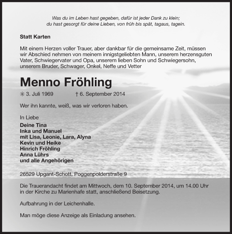  Traueranzeige für Menno Fröhling vom 08.09.2014 aus Ostfriesischer Kurier