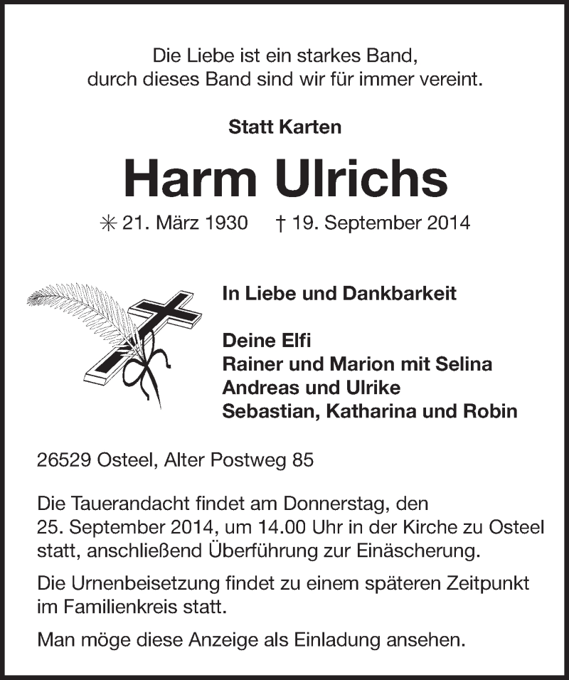  Traueranzeige für Harm Ulrichs vom 22.09.2014 aus Ostfriesischer Kurier