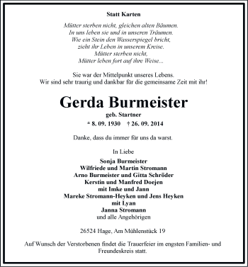 Traueranzeige von Gerda Burmeister von Ostfriesischer Kurier