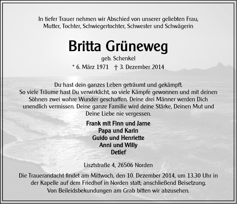  Traueranzeige für Britta Grüneweg vom 08.12.2014 aus Ostfriesischer Kurier