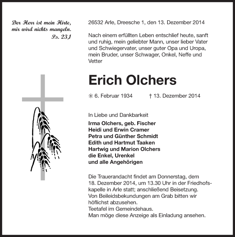  Traueranzeige für Erich Olchers vom 15.12.2014 aus Ostfriesischer Kurier