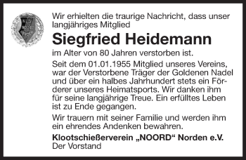 Traueranzeige von Siegfried Heidemann von Ostfriesischer Kurier