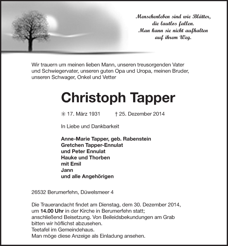  Traueranzeige für Christoph Tapper vom 27.12.2014 aus Ostfriesischer Kurier