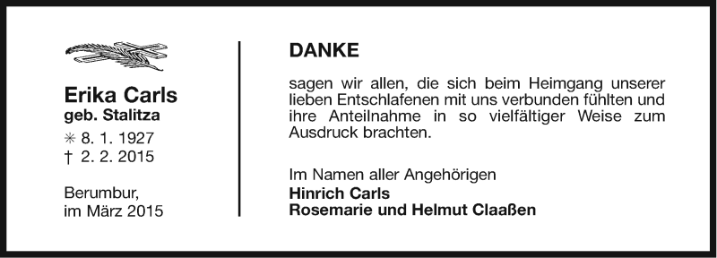  Traueranzeige für Erika Carls vom 07.03.2015 aus Ostfriesischer Kurier