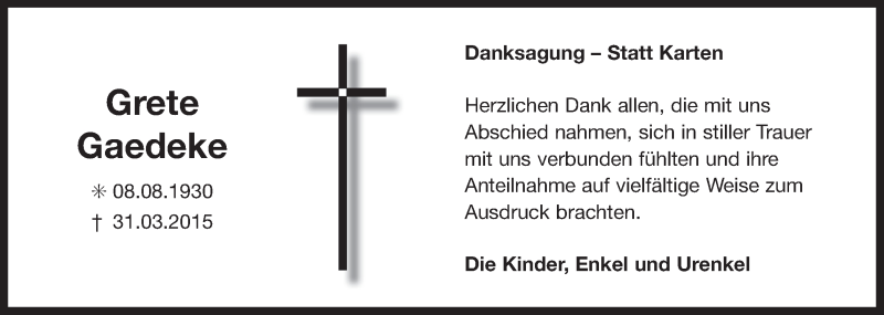 Traueranzeige für Grete Gaedeke vom 09.05.2015 aus 