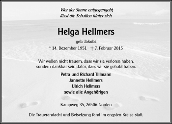 Traueranzeige von Helga Hellmers von Ostfriesischer Kurier