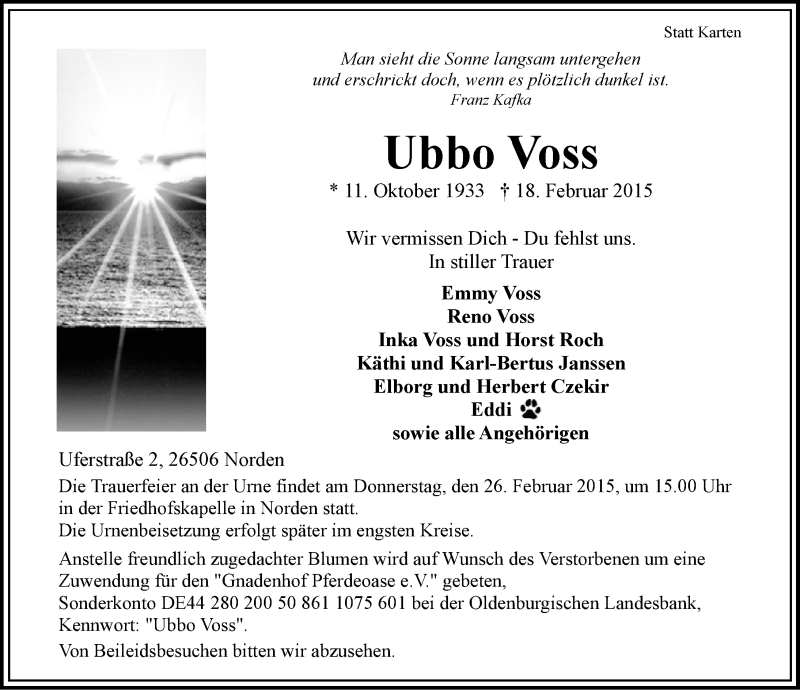  Traueranzeige für Ubbo Voss vom 21.02.2015 aus Ostfriesischer Kurier