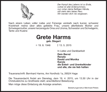 Traueranzeige von Grete Harms von Ostfrisischer Kurier