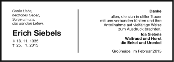 Traueranzeige von Erich Siebels von Ostfriesischer Kurier