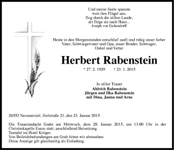 Traueranzeige von Herbert Rabenstein von Ostfriesischer Kurier